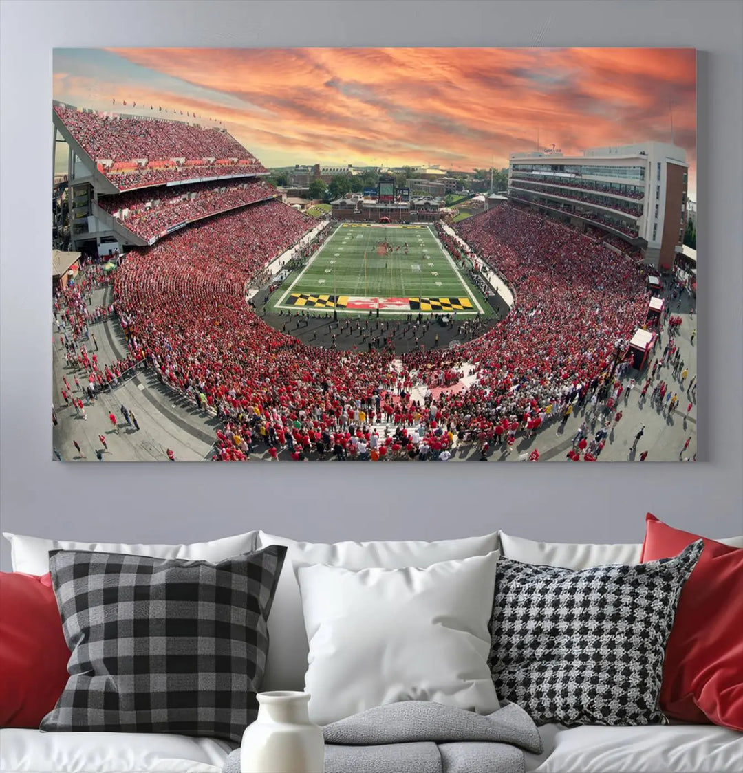 A University of Maryland Terrapins Football Team print showcases the packed College Park SECU Stadium at sunset. This premium canvas captures every detail, offering a gallery-quality finish to elevate your wall art collection.