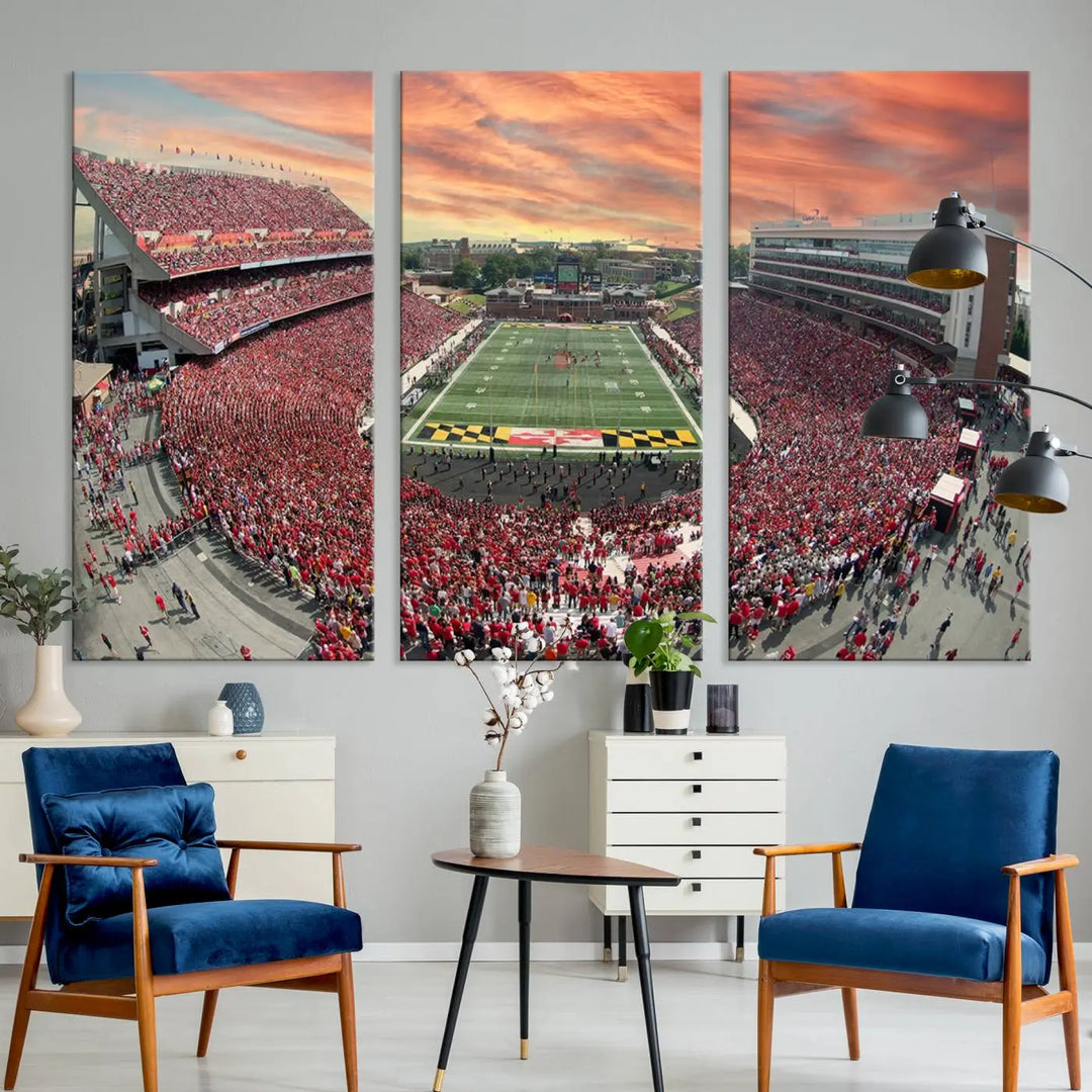 A University of Maryland Terrapins Football Team print showcases the packed College Park SECU Stadium at sunset. This premium canvas captures every detail, offering a gallery-quality finish to elevate your wall art collection.