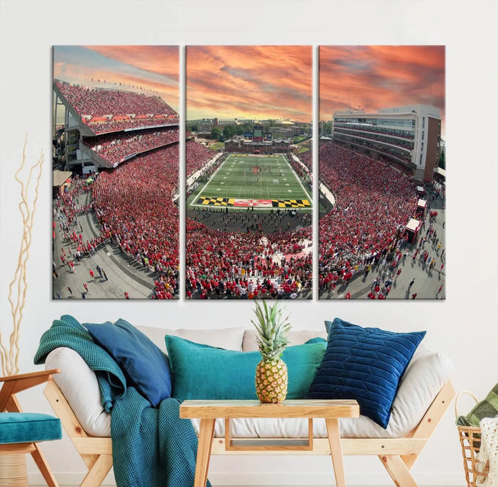 A University of Maryland Terrapins Football Team print showcases the packed College Park SECU Stadium at sunset. This premium canvas captures every detail, offering a gallery-quality finish to elevate your wall art collection.