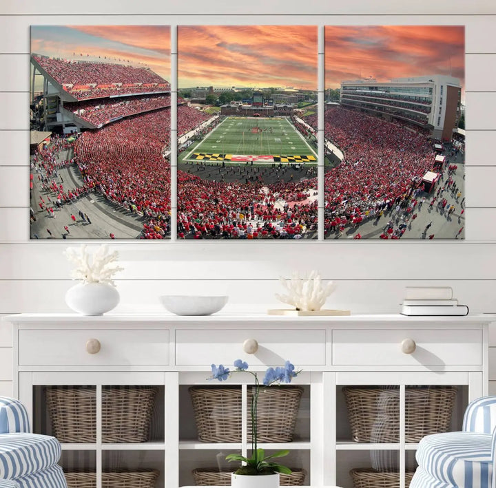 A University of Maryland Terrapins Football Team print showcases the packed College Park SECU Stadium at sunset. This premium canvas captures every detail, offering a gallery-quality finish to elevate your wall art collection.