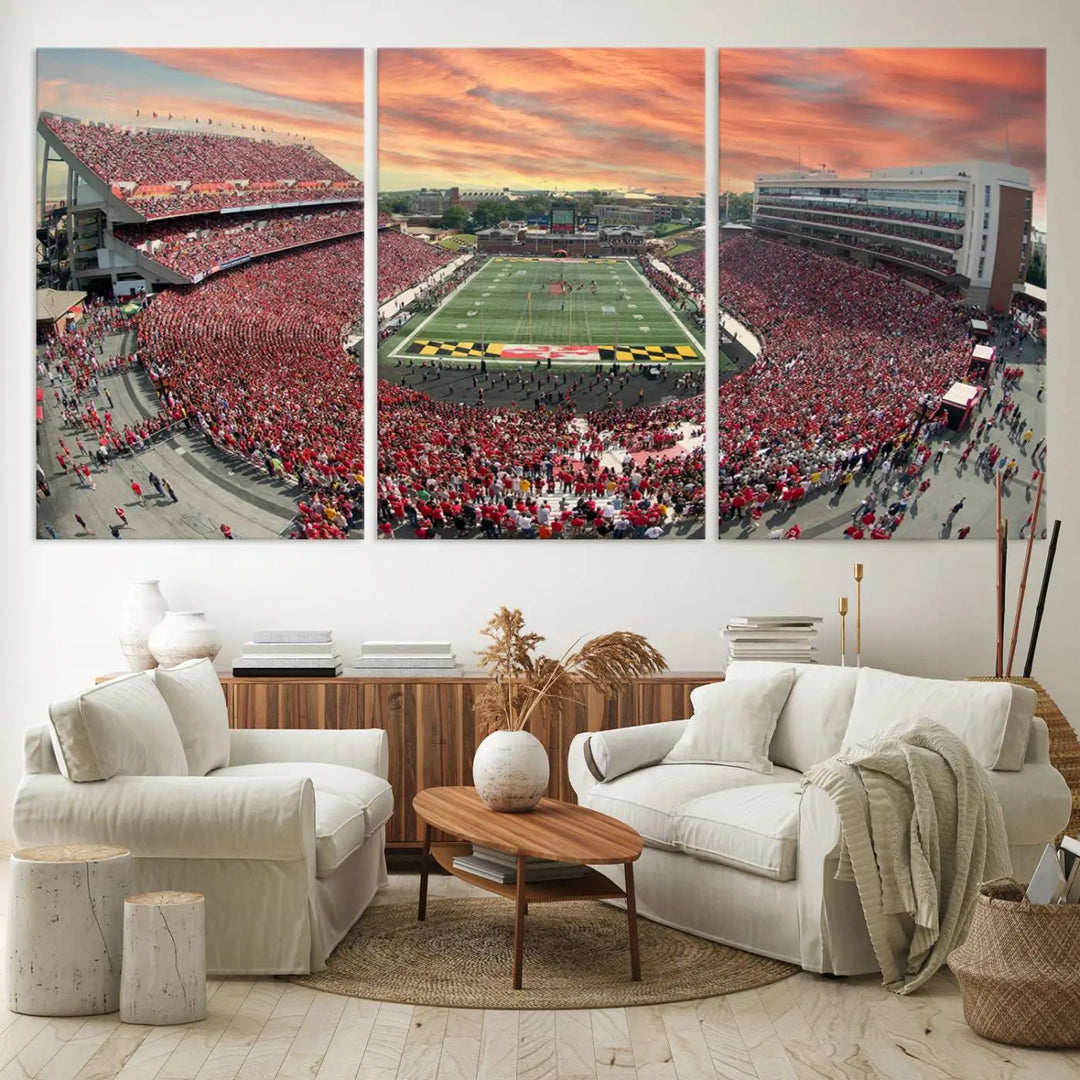 A University of Maryland Terrapins Football Team print showcases the packed College Park SECU Stadium at sunset. This premium canvas captures every detail, offering a gallery-quality finish to elevate your wall art collection.