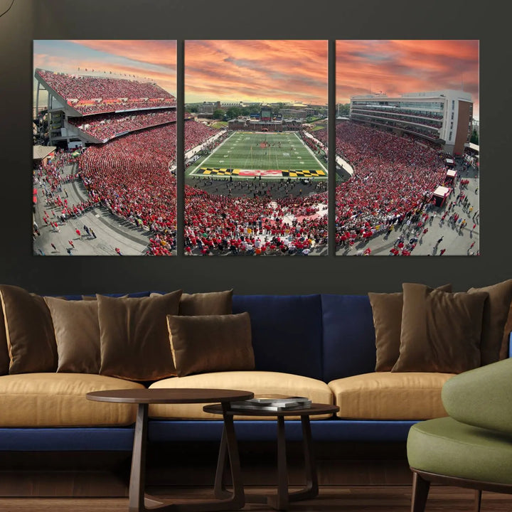 A University of Maryland Terrapins Football Team print showcases the packed College Park SECU Stadium at sunset. This premium canvas captures every detail, offering a gallery-quality finish to elevate your wall art collection.