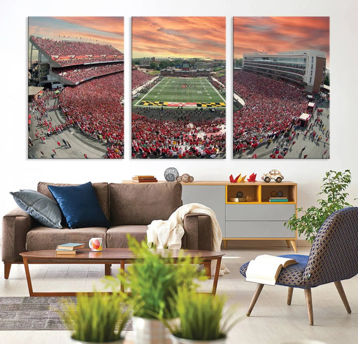 A University of Maryland Terrapins Football Team print showcases the packed College Park SECU Stadium at sunset. This premium canvas captures every detail, offering a gallery-quality finish to elevate your wall art collection.