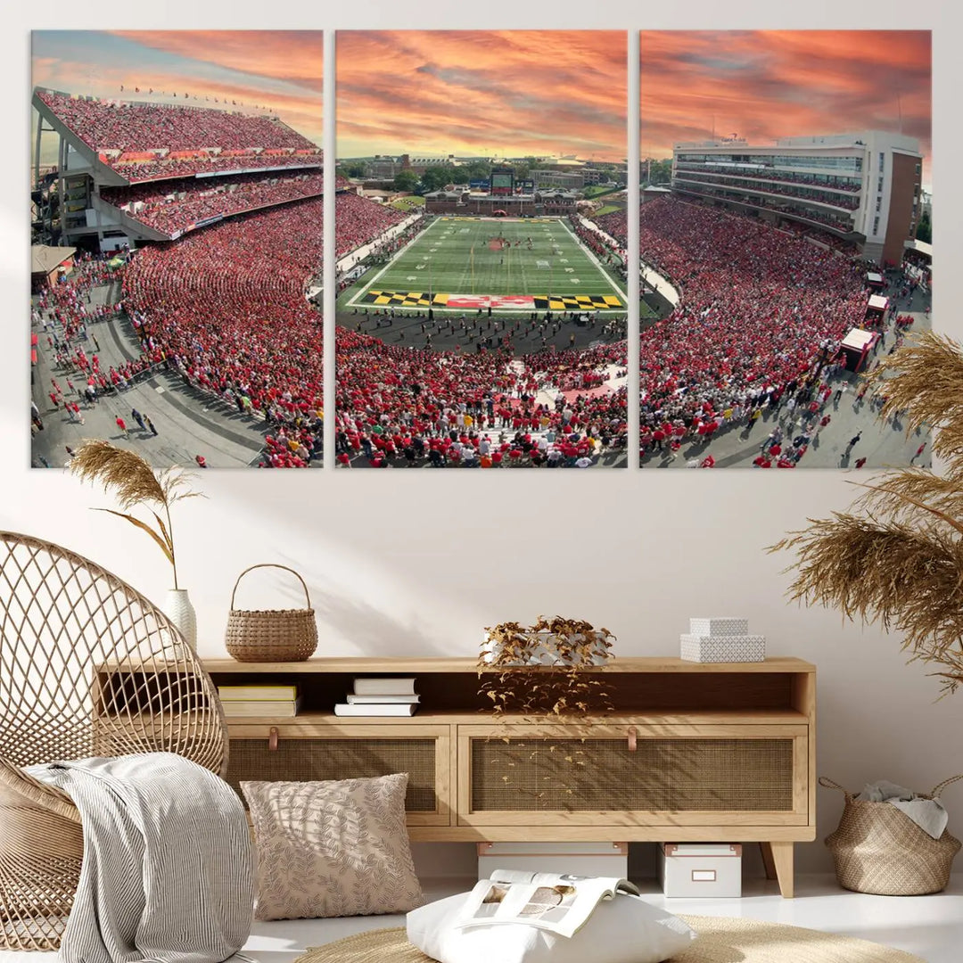 A University of Maryland Terrapins Football Team print showcases the packed College Park SECU Stadium at sunset. This premium canvas captures every detail, offering a gallery-quality finish to elevate your wall art collection.