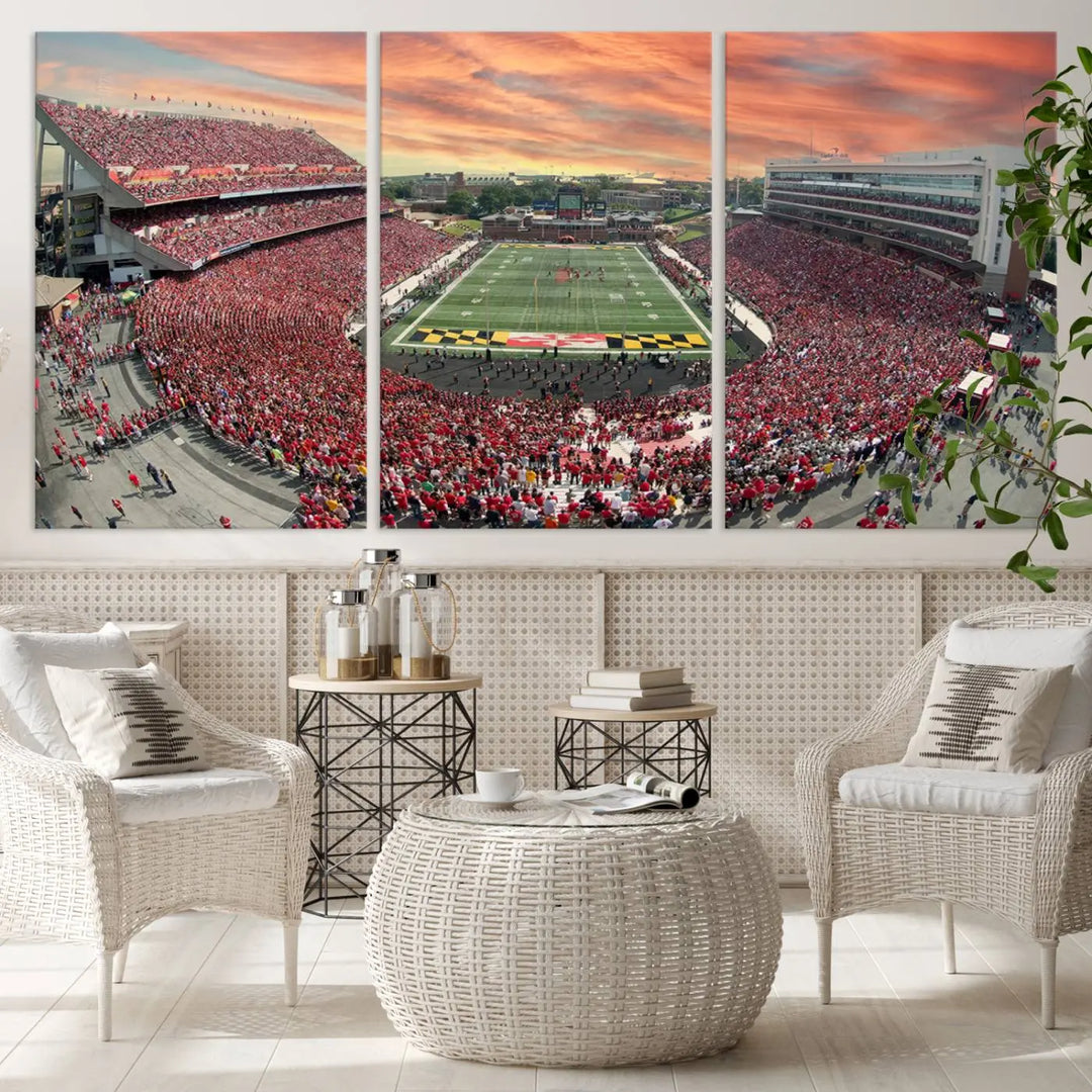 A University of Maryland Terrapins Football Team print showcases the packed College Park SECU Stadium at sunset. This premium canvas captures every detail, offering a gallery-quality finish to elevate your wall art collection.