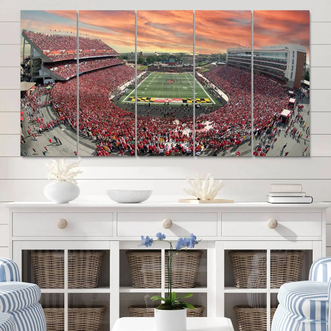 A University of Maryland Terrapins Football Team print showcases the packed College Park SECU Stadium at sunset. This premium canvas captures every detail, offering a gallery-quality finish to elevate your wall art collection.