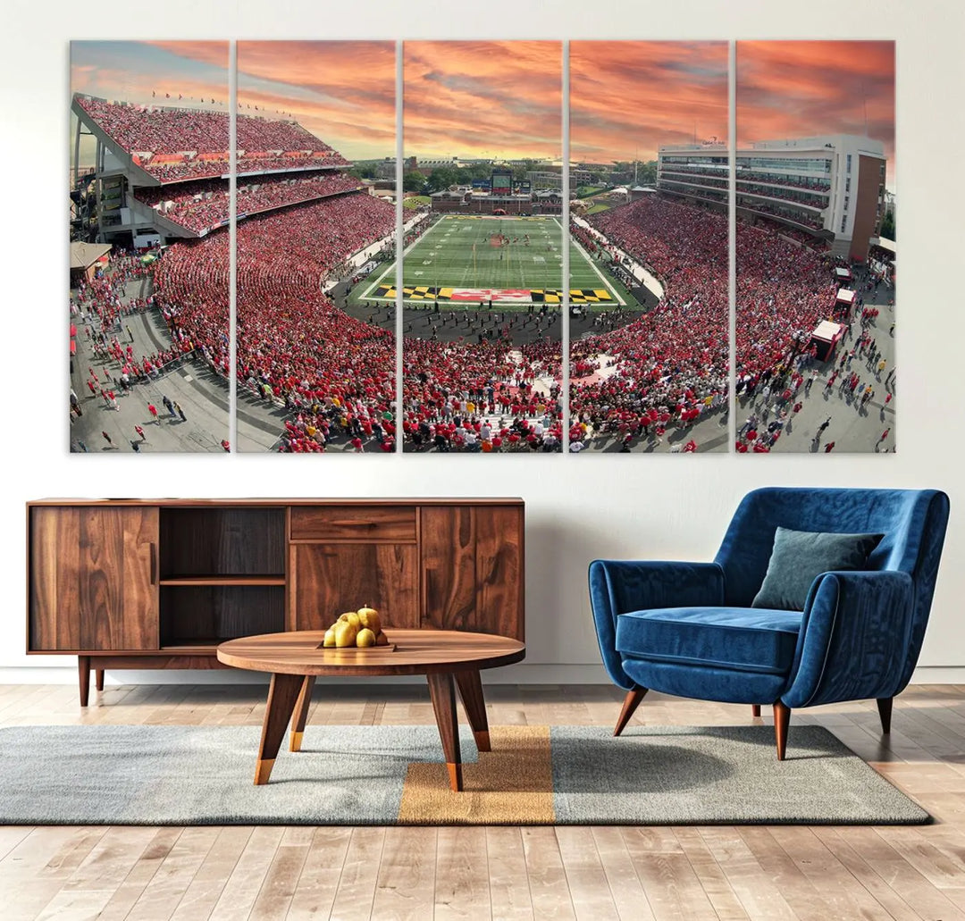 A University of Maryland Terrapins Football Team print showcases the packed College Park SECU Stadium at sunset. This premium canvas captures every detail, offering a gallery-quality finish to elevate your wall art collection.