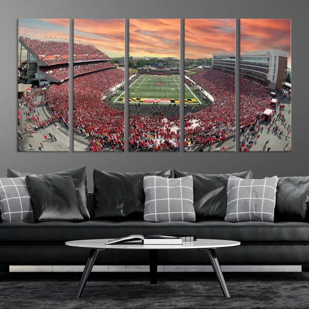 A University of Maryland Terrapins Football Team print showcases the packed College Park SECU Stadium at sunset. This premium canvas captures every detail, offering a gallery-quality finish to elevate your wall art collection.