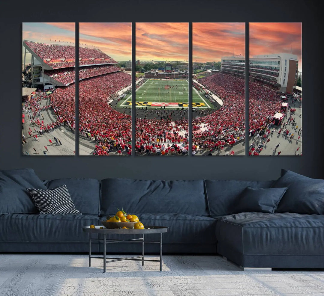 A University of Maryland Terrapins Football Team print showcases the packed College Park SECU Stadium at sunset. This premium canvas captures every detail, offering a gallery-quality finish to elevate your wall art collection.