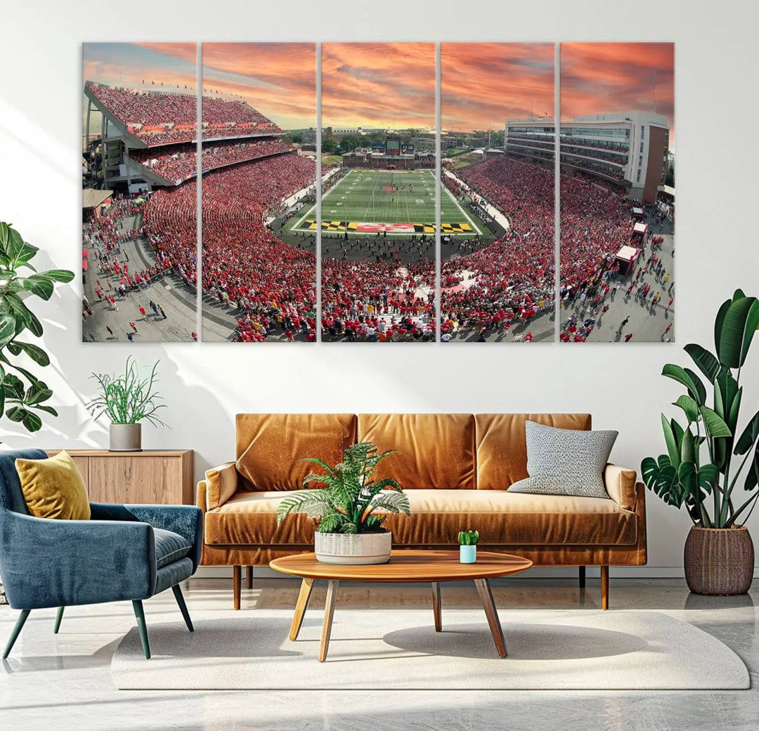 A University of Maryland Terrapins Football Team print showcases the packed College Park SECU Stadium at sunset. This premium canvas captures every detail, offering a gallery-quality finish to elevate your wall art collection.