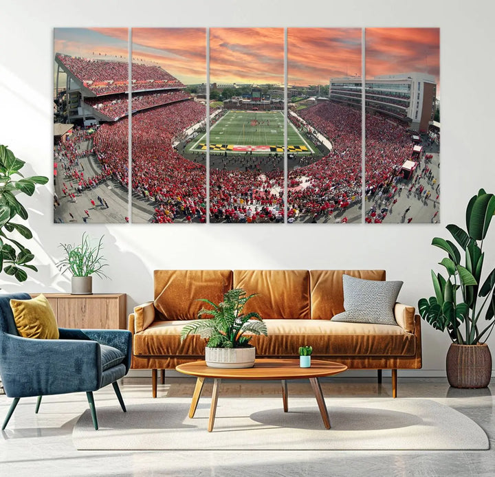 A University of Maryland Terrapins Football Team print showcases the packed College Park SECU Stadium at sunset. This premium canvas captures every detail, offering a gallery-quality finish to elevate your wall art collection.