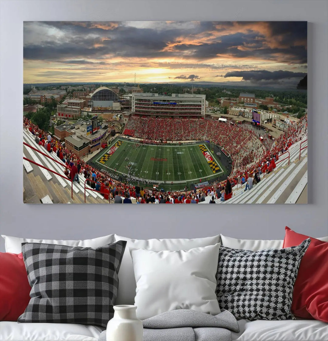 The University of Maryland Terrapins Football Team Print – College Park SECU Stadium Wall Art Canvas Print transforms a modern living room with its triptych design, depicting the stadium at sunset. This gallery-quality artwork elevates the space into a stunning showcase.