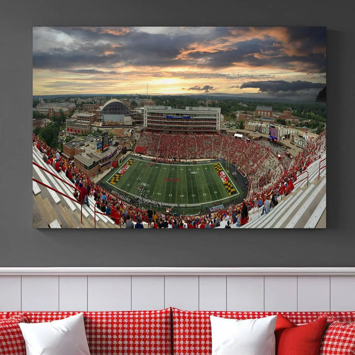 The University of Maryland Terrapins Football Team Print – College Park SECU Stadium Wall Art Canvas Print transforms a modern living room with its triptych design, depicting the stadium at sunset. This gallery-quality artwork elevates the space into a stunning showcase.