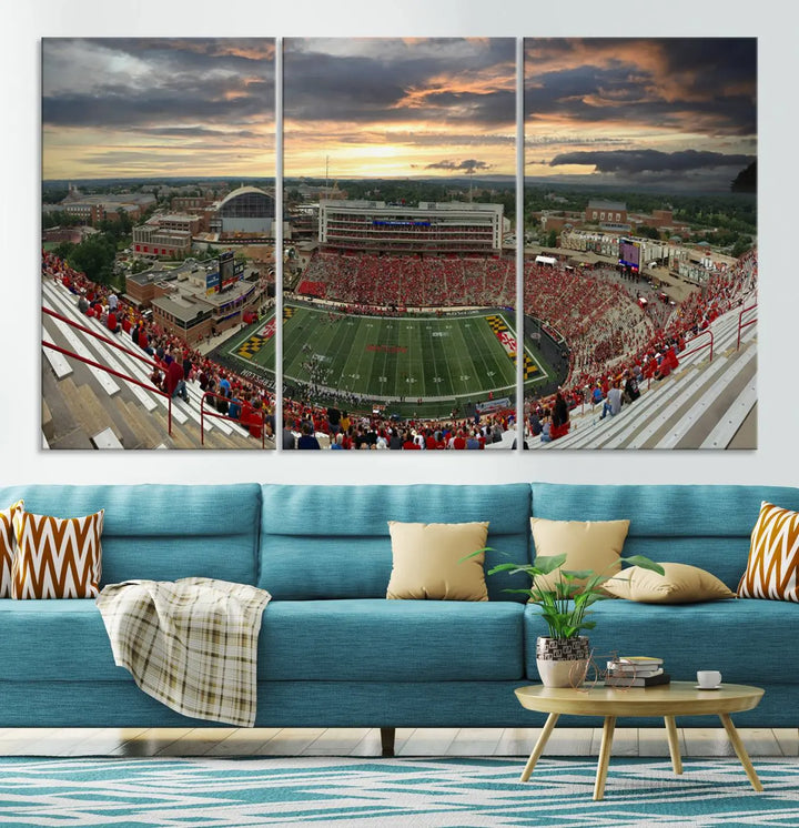 The University of Maryland Terrapins Football Team Print – College Park SECU Stadium Wall Art Canvas Print transforms a modern living room with its triptych design, depicting the stadium at sunset. This gallery-quality artwork elevates the space into a stunning showcase.