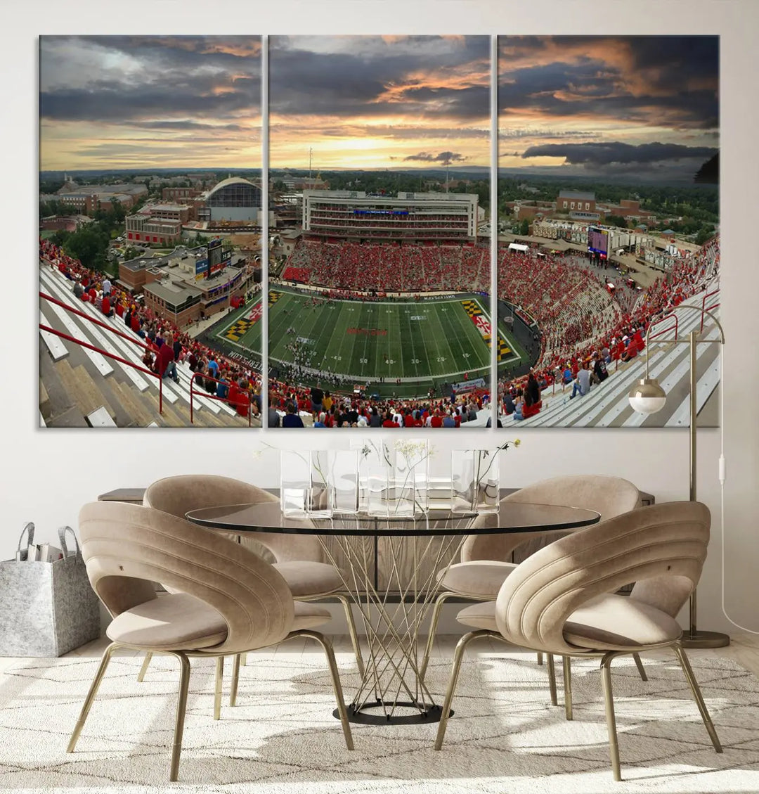 The University of Maryland Terrapins Football Team Print – College Park SECU Stadium Wall Art Canvas Print transforms a modern living room with its triptych design, depicting the stadium at sunset. This gallery-quality artwork elevates the space into a stunning showcase.