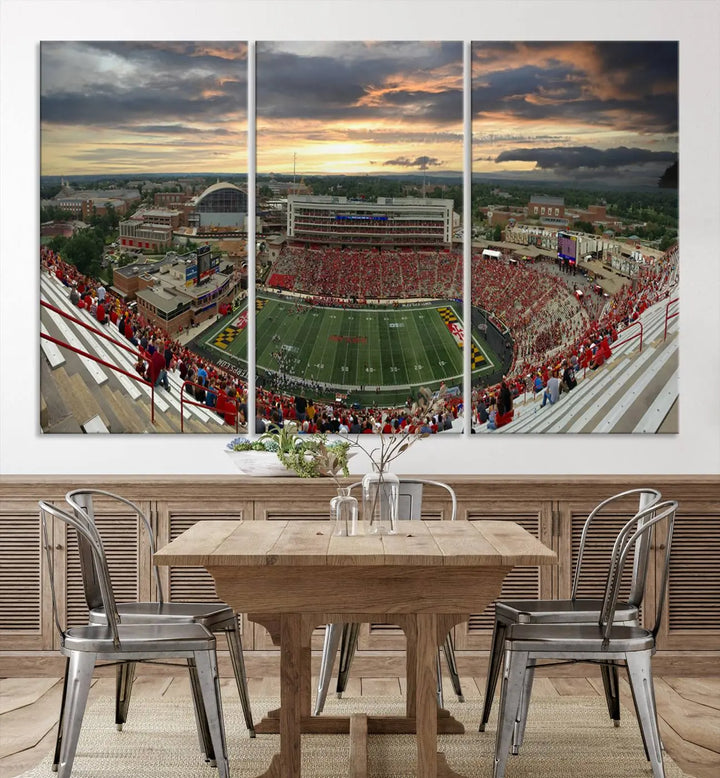 The University of Maryland Terrapins Football Team Print – College Park SECU Stadium Wall Art Canvas Print transforms a modern living room with its triptych design, depicting the stadium at sunset. This gallery-quality artwork elevates the space into a stunning showcase.