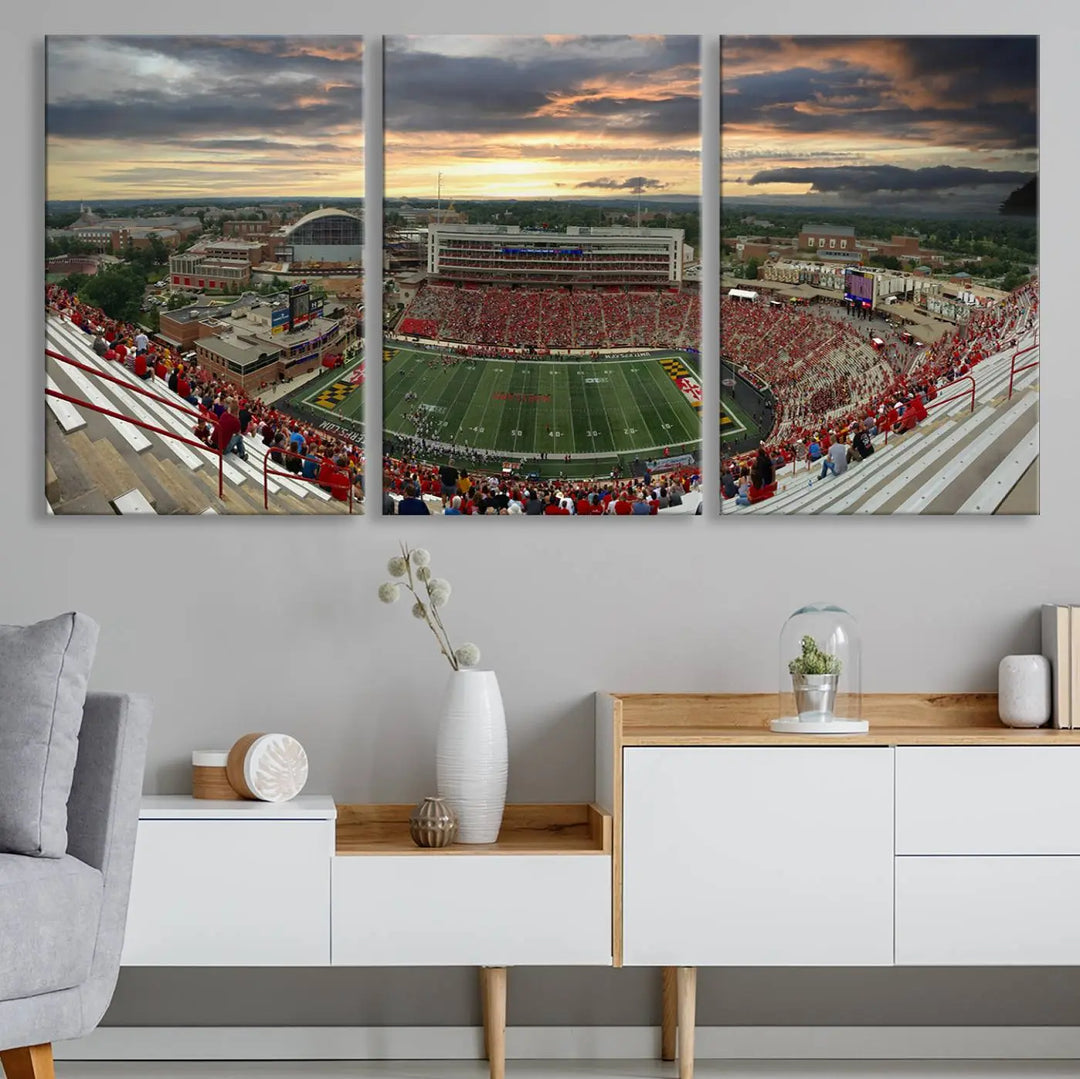 The University of Maryland Terrapins Football Team Print – College Park SECU Stadium Wall Art Canvas Print transforms a modern living room with its triptych design, depicting the stadium at sunset. This gallery-quality artwork elevates the space into a stunning showcase.