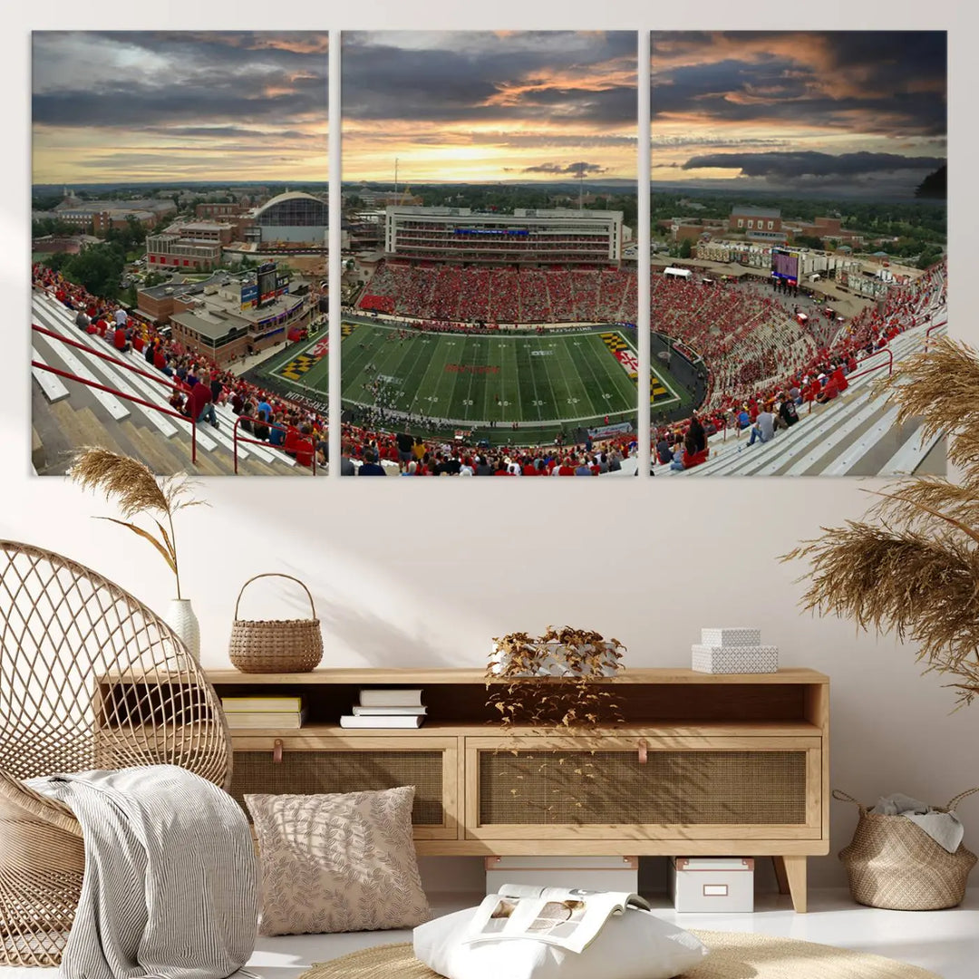 The University of Maryland Terrapins Football Team Print – College Park SECU Stadium Wall Art Canvas Print transforms a modern living room with its triptych design, depicting the stadium at sunset. This gallery-quality artwork elevates the space into a stunning showcase.