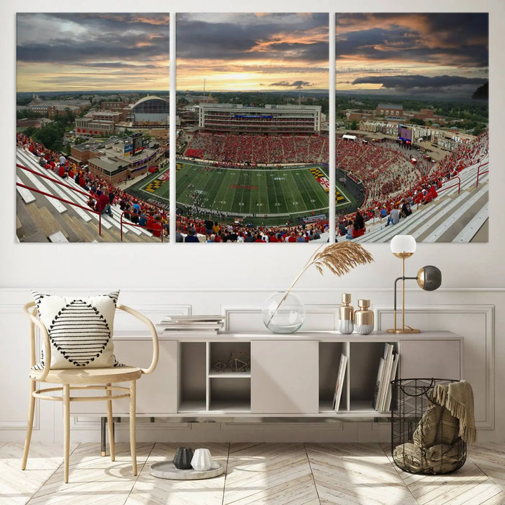 The University of Maryland Terrapins Football Team Print – College Park SECU Stadium Wall Art Canvas Print transforms a modern living room with its triptych design, depicting the stadium at sunset. This gallery-quality artwork elevates the space into a stunning showcase.