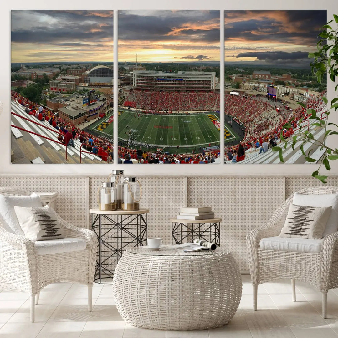 The University of Maryland Terrapins Football Team Print – College Park SECU Stadium Wall Art Canvas Print transforms a modern living room with its triptych design, depicting the stadium at sunset. This gallery-quality artwork elevates the space into a stunning showcase.