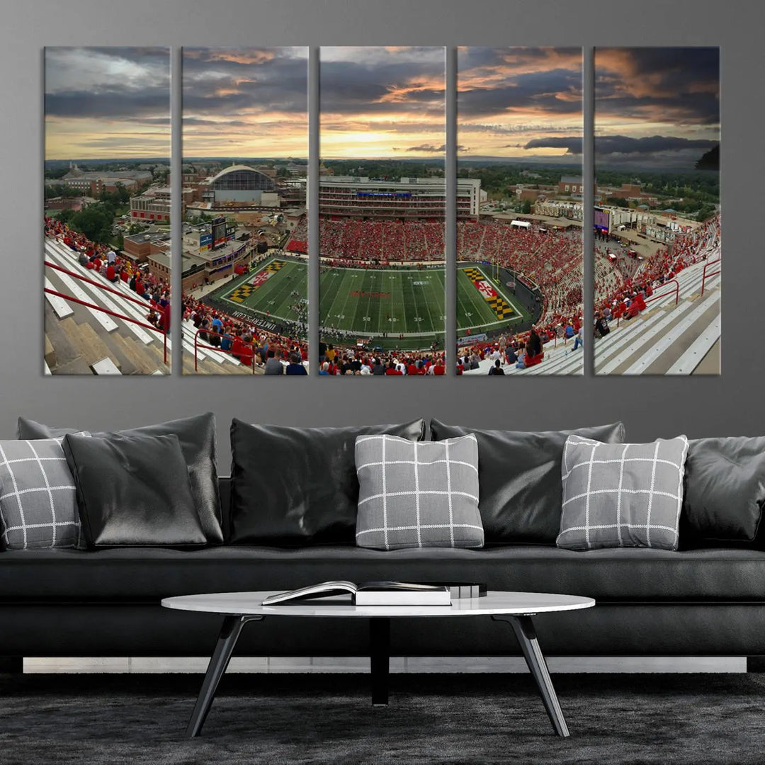 The University of Maryland Terrapins Football Team Print – College Park SECU Stadium Wall Art Canvas Print transforms a modern living room with its triptych design, depicting the stadium at sunset. This gallery-quality artwork elevates the space into a stunning showcase.