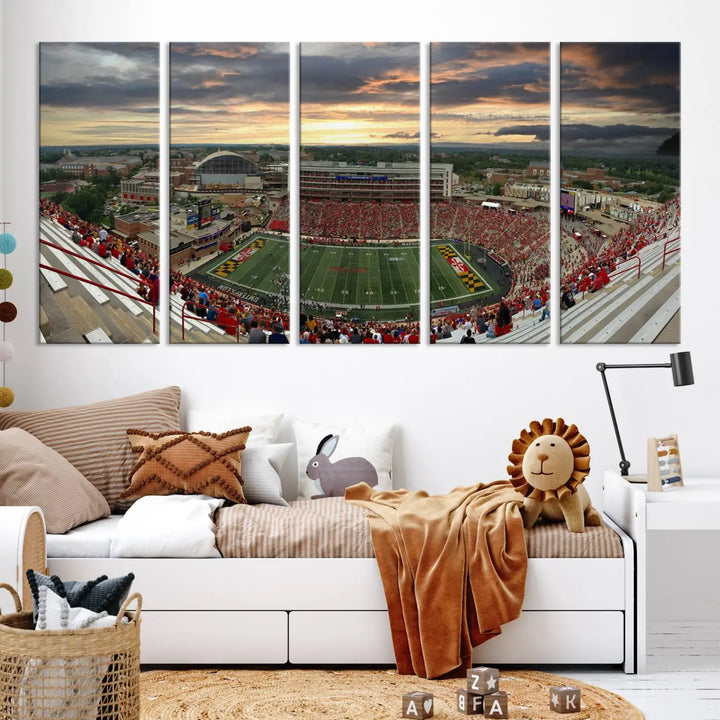 The University of Maryland Terrapins Football Team Print – College Park SECU Stadium Wall Art Canvas Print transforms a modern living room with its triptych design, depicting the stadium at sunset. This gallery-quality artwork elevates the space into a stunning showcase.