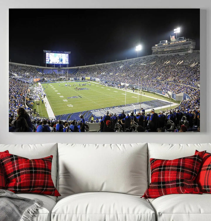 A triptych featuring the University of Memphis Tigers football team at the bustling Simmons Bank Liberty Stadium during a night game is artistically crafted as canvas wall art with a gallery-quality finish. Handmade in the USA, it encapsulates the vibrant energy of sports under dazzling night lights.