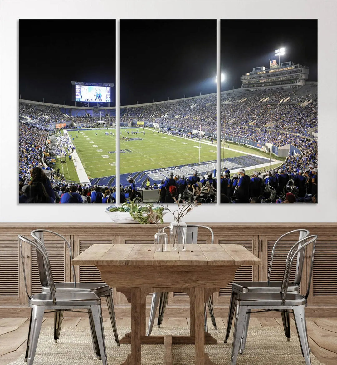 A triptych featuring the University of Memphis Tigers football team at the bustling Simmons Bank Liberty Stadium during a night game is artistically crafted as canvas wall art with a gallery-quality finish. Handmade in the USA, it encapsulates the vibrant energy of sports under dazzling night lights.