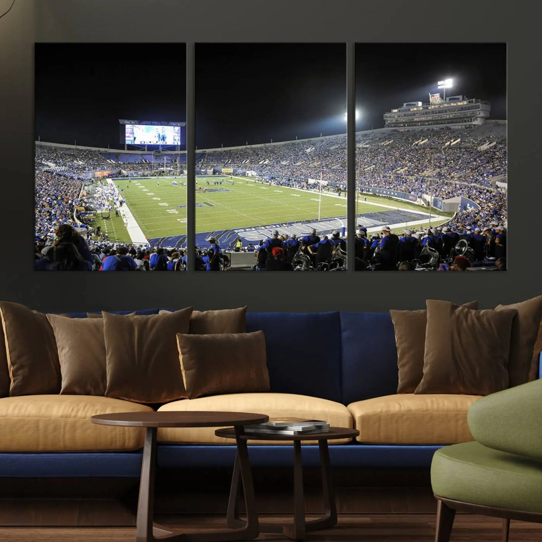 A triptych featuring the University of Memphis Tigers football team at the bustling Simmons Bank Liberty Stadium during a night game is artistically crafted as canvas wall art with a gallery-quality finish. Handmade in the USA, it encapsulates the vibrant energy of sports under dazzling night lights.