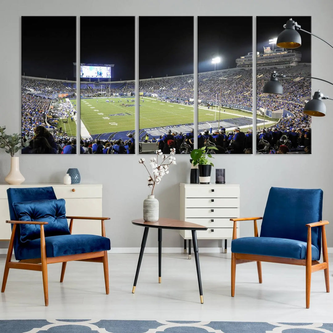 A triptych featuring the University of Memphis Tigers football team at the bustling Simmons Bank Liberty Stadium during a night game is artistically crafted as canvas wall art with a gallery-quality finish. Handmade in the USA, it encapsulates the vibrant energy of sports under dazzling night lights.