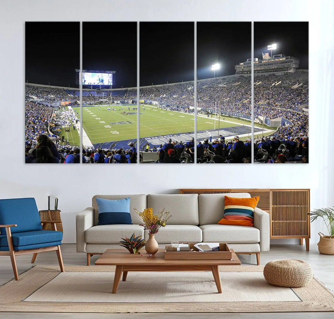 A triptych featuring the University of Memphis Tigers football team at the bustling Simmons Bank Liberty Stadium during a night game is artistically crafted as canvas wall art with a gallery-quality finish. Handmade in the USA, it encapsulates the vibrant energy of sports under dazzling night lights.