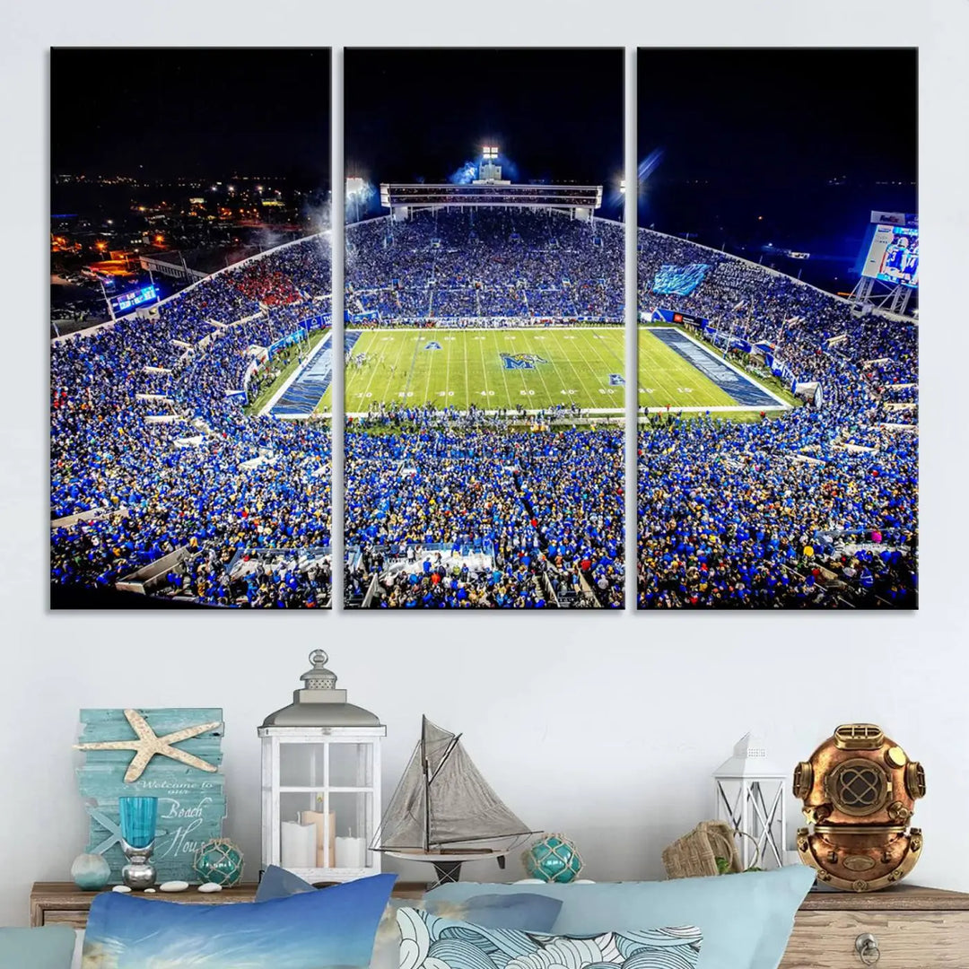 The University of Memphis Tigers Football Team Print captures the essence of a bustling Simmons Bank Liberty Stadium at night. This impressive three-panel wall art, crafted on premium canvas, features a gallery-quality finish that enhances its vibrant colors and intricate details.