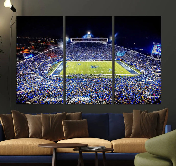 The University of Memphis Tigers Football Team Print captures the essence of a bustling Simmons Bank Liberty Stadium at night. This impressive three-panel wall art, crafted on premium canvas, features a gallery-quality finish that enhances its vibrant colors and intricate details.