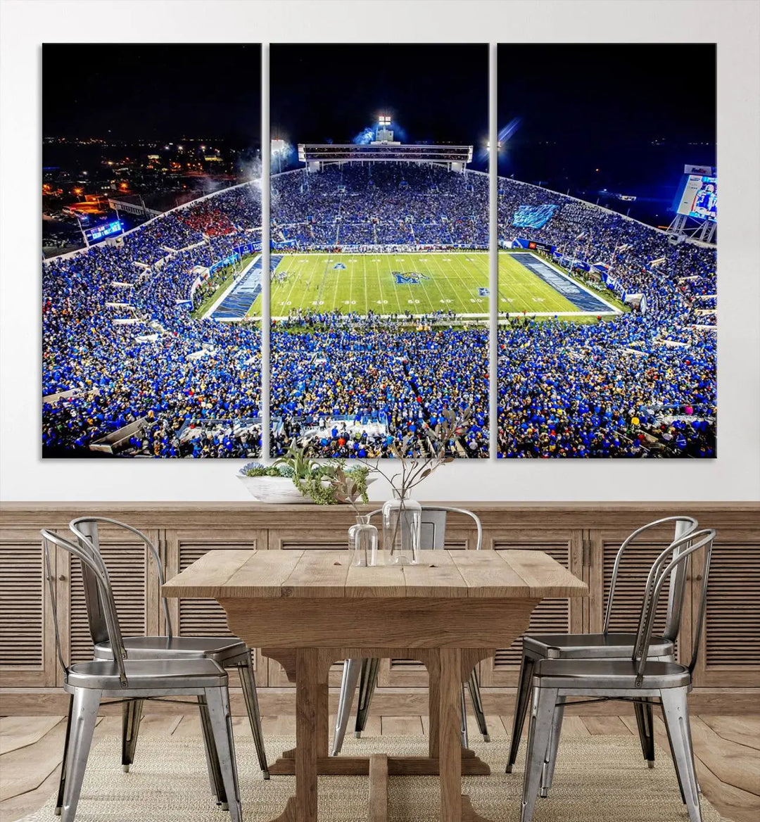 The University of Memphis Tigers Football Team Print captures the essence of a bustling Simmons Bank Liberty Stadium at night. This impressive three-panel wall art, crafted on premium canvas, features a gallery-quality finish that enhances its vibrant colors and intricate details.