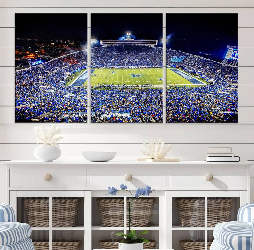 The University of Memphis Tigers Football Team Print captures the essence of a bustling Simmons Bank Liberty Stadium at night. This impressive three-panel wall art, crafted on premium canvas, features a gallery-quality finish that enhances its vibrant colors and intricate details.