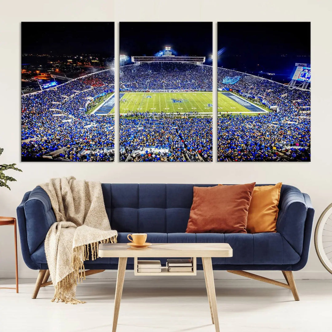 The University of Memphis Tigers Football Team Print captures the essence of a bustling Simmons Bank Liberty Stadium at night. This impressive three-panel wall art, crafted on premium canvas, features a gallery-quality finish that enhances its vibrant colors and intricate details.