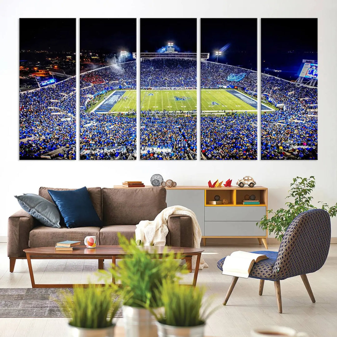 The University of Memphis Tigers Football Team Print captures the essence of a bustling Simmons Bank Liberty Stadium at night. This impressive three-panel wall art, crafted on premium canvas, features a gallery-quality finish that enhances its vibrant colors and intricate details.