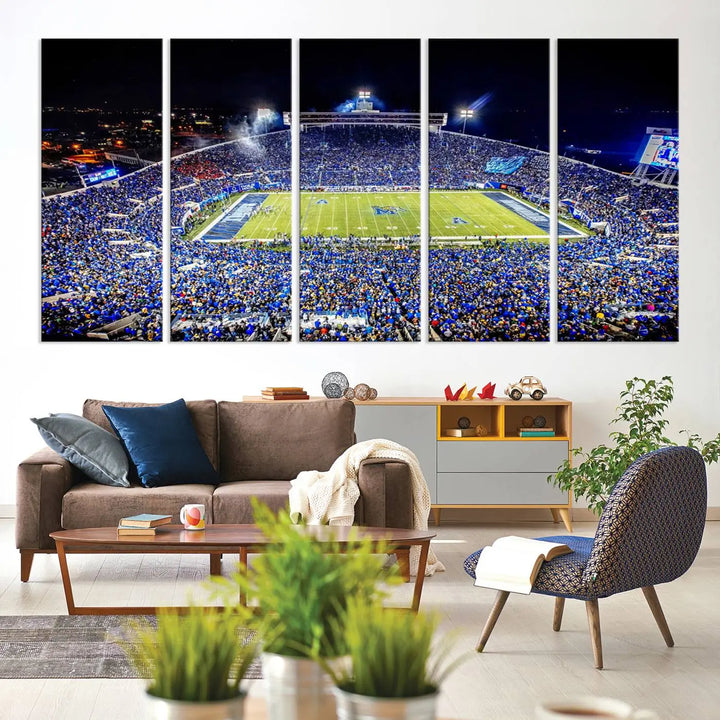 The University of Memphis Tigers Football Team Print captures the essence of a bustling Simmons Bank Liberty Stadium at night. This impressive three-panel wall art, crafted on premium canvas, features a gallery-quality finish that enhances its vibrant colors and intricate details.