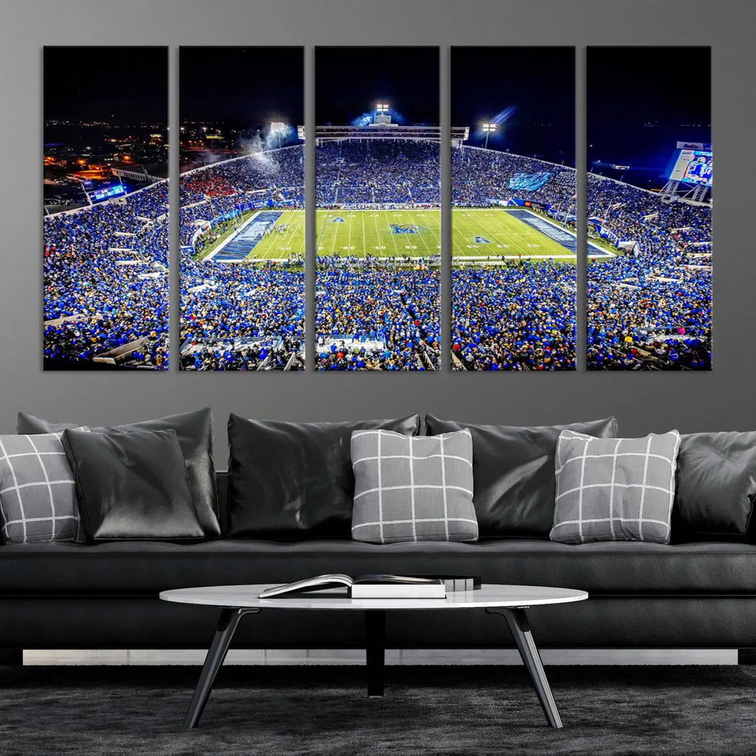 The University of Memphis Tigers Football Team Print captures the essence of a bustling Simmons Bank Liberty Stadium at night. This impressive three-panel wall art, crafted on premium canvas, features a gallery-quality finish that enhances its vibrant colors and intricate details.