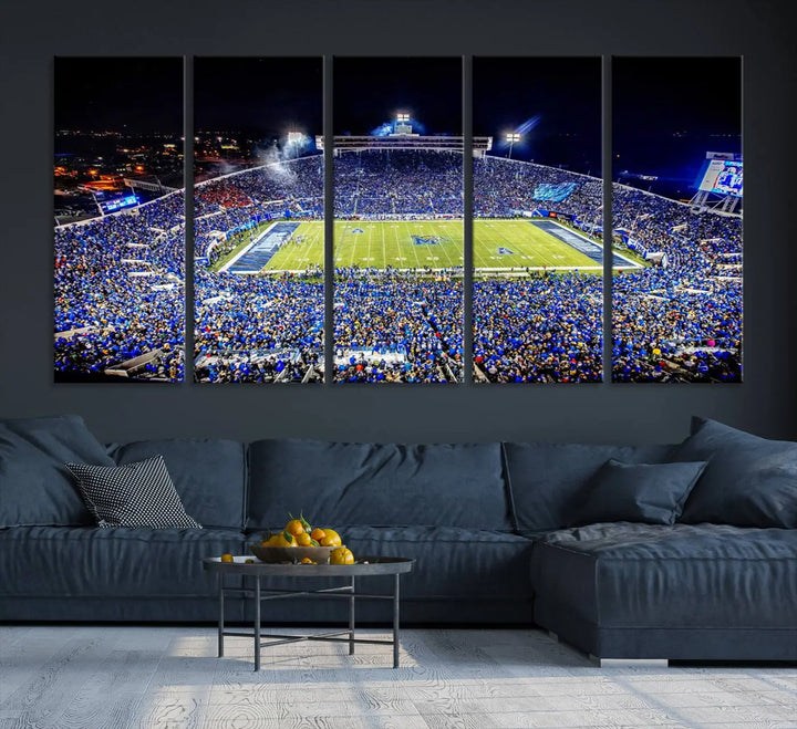 The University of Memphis Tigers Football Team Print captures the essence of a bustling Simmons Bank Liberty Stadium at night. This impressive three-panel wall art, crafted on premium canvas, features a gallery-quality finish that enhances its vibrant colors and intricate details.