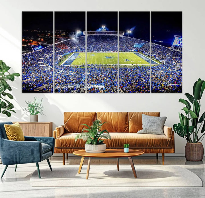 The University of Memphis Tigers Football Team Print captures the essence of a bustling Simmons Bank Liberty Stadium at night. This impressive three-panel wall art, crafted on premium canvas, features a gallery-quality finish that enhances its vibrant colors and intricate details.