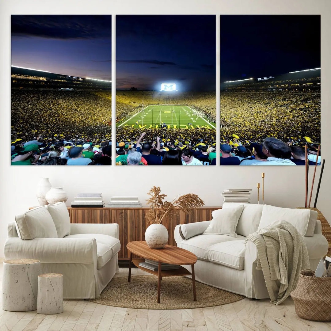 A triptych canvas art titled "University of Michigan Wolverines Football Team Print - Ann Arbor Michigan Stadium Wall Art Canvas Print" hangs prominently, featuring a gallery-quality finish and proudly handmade in the USA.