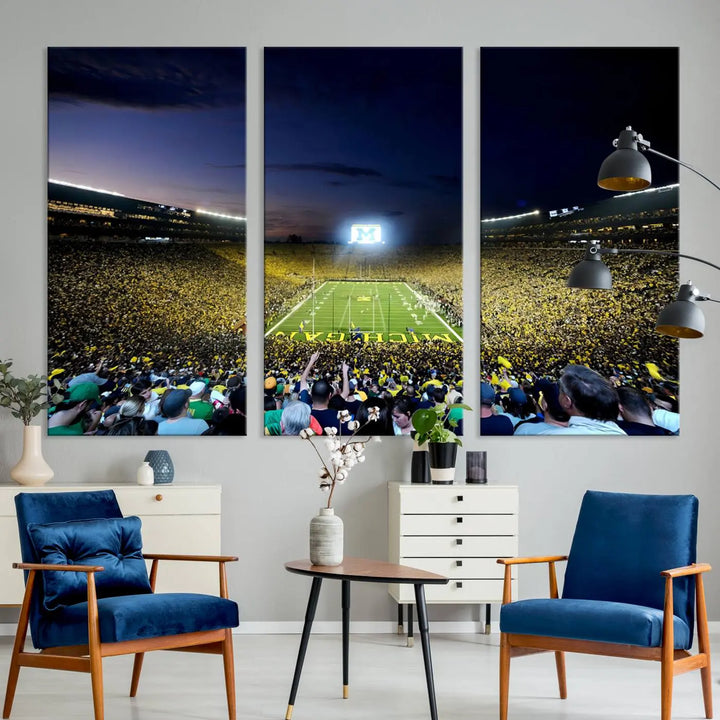 A triptych canvas art titled "University of Michigan Wolverines Football Team Print - Ann Arbor Michigan Stadium Wall Art Canvas Print" hangs prominently, featuring a gallery-quality finish and proudly handmade in the USA.