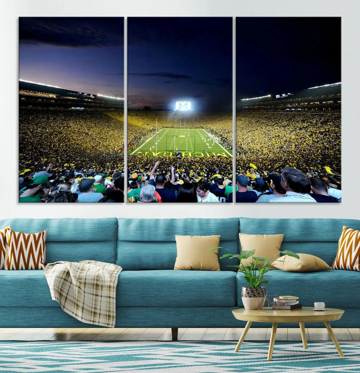 A triptych canvas art titled "University of Michigan Wolverines Football Team Print - Ann Arbor Michigan Stadium Wall Art Canvas Print" hangs prominently, featuring a gallery-quality finish and proudly handmade in the USA.