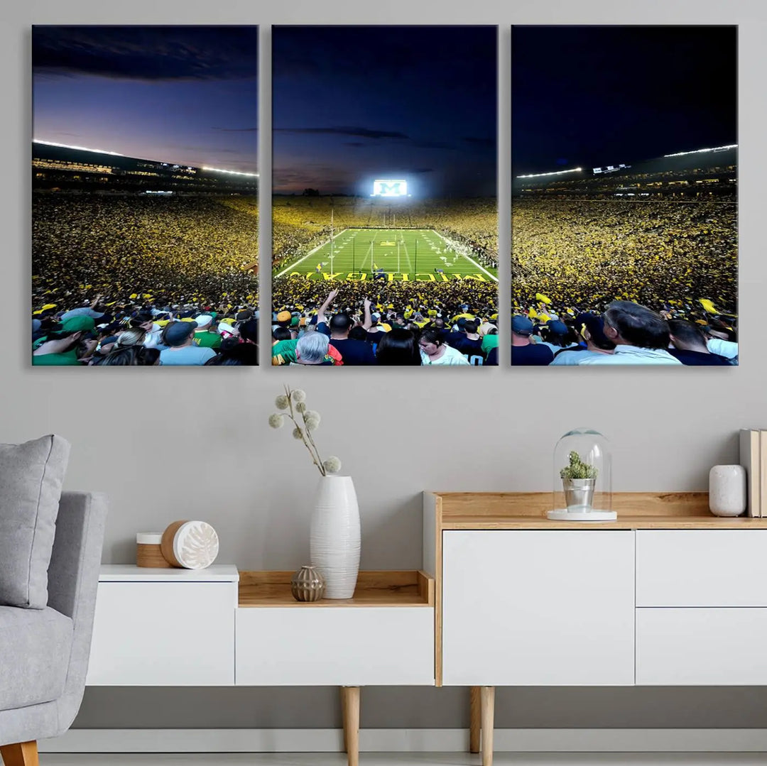 A triptych canvas art titled "University of Michigan Wolverines Football Team Print - Ann Arbor Michigan Stadium Wall Art Canvas Print" hangs prominently, featuring a gallery-quality finish and proudly handmade in the USA.