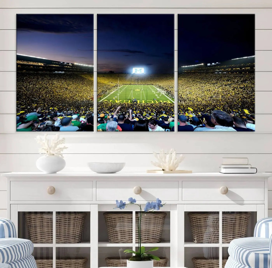 A triptych canvas art titled "University of Michigan Wolverines Football Team Print - Ann Arbor Michigan Stadium Wall Art Canvas Print" hangs prominently, featuring a gallery-quality finish and proudly handmade in the USA.