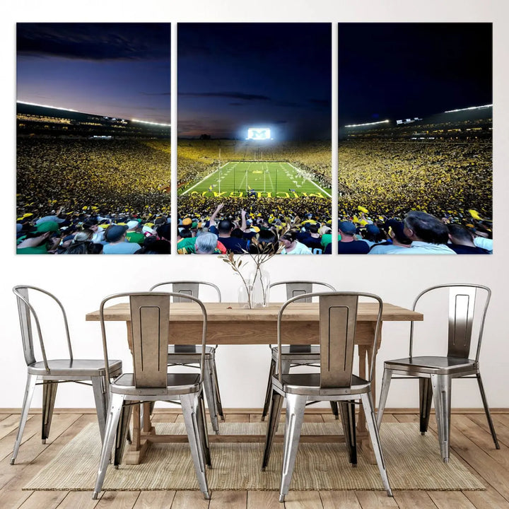 A triptych canvas art titled "University of Michigan Wolverines Football Team Print - Ann Arbor Michigan Stadium Wall Art Canvas Print" hangs prominently, featuring a gallery-quality finish and proudly handmade in the USA.