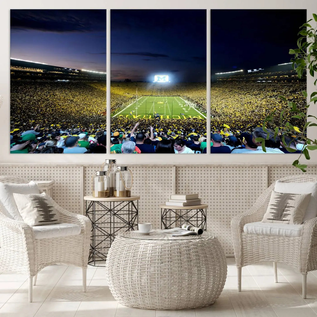 A triptych canvas art titled "University of Michigan Wolverines Football Team Print - Ann Arbor Michigan Stadium Wall Art Canvas Print" hangs prominently, featuring a gallery-quality finish and proudly handmade in the USA.