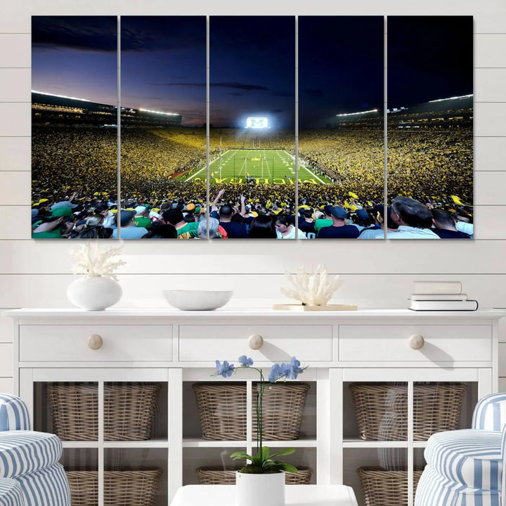 A triptych canvas art titled "University of Michigan Wolverines Football Team Print - Ann Arbor Michigan Stadium Wall Art Canvas Print" hangs prominently, featuring a gallery-quality finish and proudly handmade in the USA.