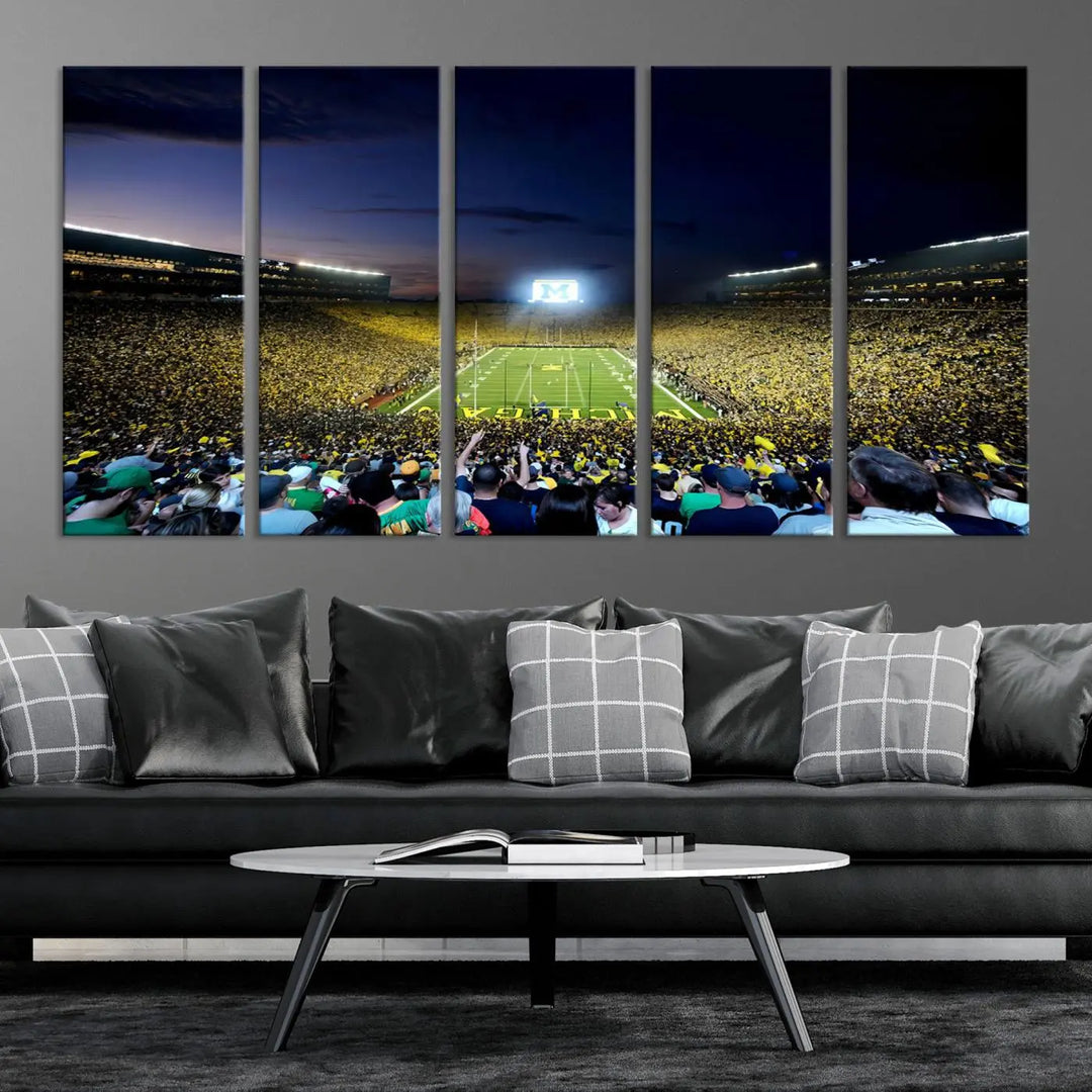 A triptych canvas art titled "University of Michigan Wolverines Football Team Print - Ann Arbor Michigan Stadium Wall Art Canvas Print" hangs prominently, featuring a gallery-quality finish and proudly handmade in the USA.